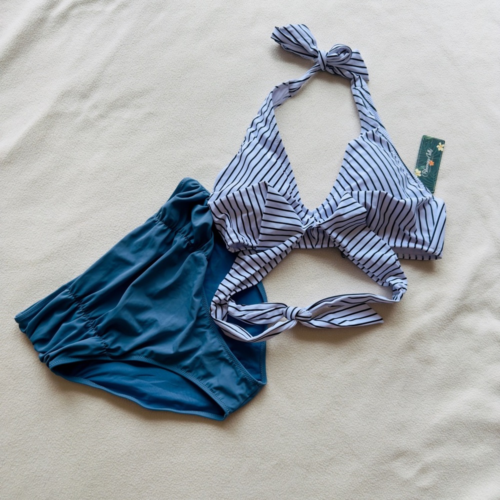 Striped Bikini Top and Blue Bottoms